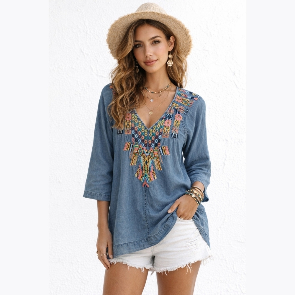 Soft Surroundings Tencel Tunic XS Chambray Embroidered Boho Top